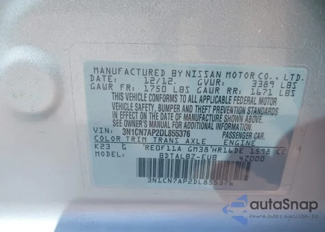 2013 Nissan Versa 1.6 Sv from USA, damaged, VIN 3N1CN7AP2DL855376